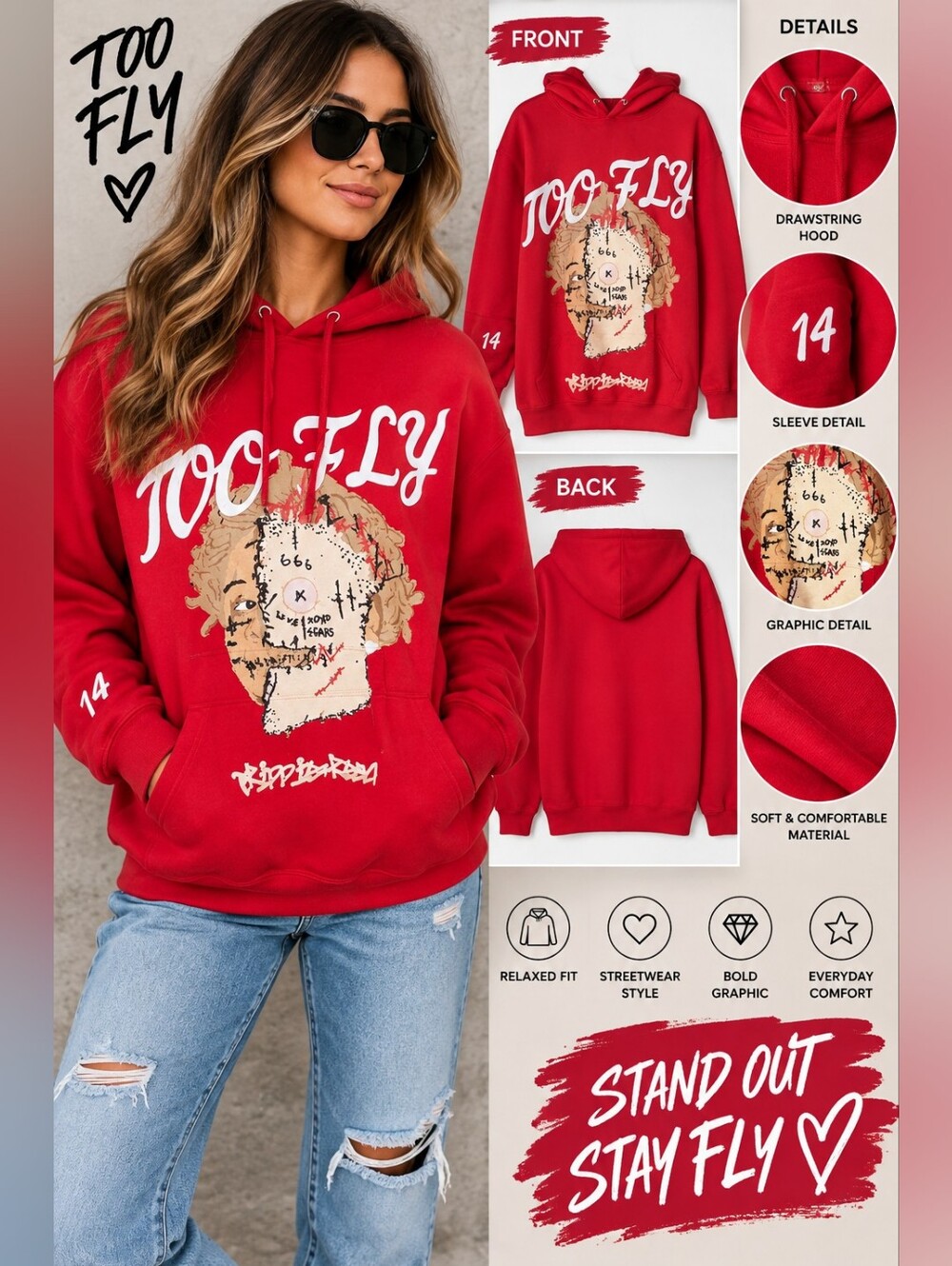 Y2K Rapper Merch Trippie Redd X 1400 Too Fly Graphic Hoodie Sweatshirt -Unisex
